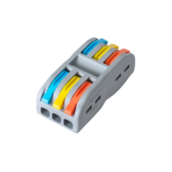 GloboStar® FAST-CONNECT 69912 Τριπλή Κλέμα Ταχείας Σύνδεσης & Διακλάδωσης Καλωδίων - 3 x Είσοδοι & 3 x Έξοδοι με Συμβατή Διατομή Καλωδίων 0.08mm² έως 2.5mm² - 250V/4KV 32A Max - Μ4 x Π4 x Υ1.5cm - Γκρι με Πορτοκαλί, Κίτρινο & Μπλε - Πακέτο 5 Τ