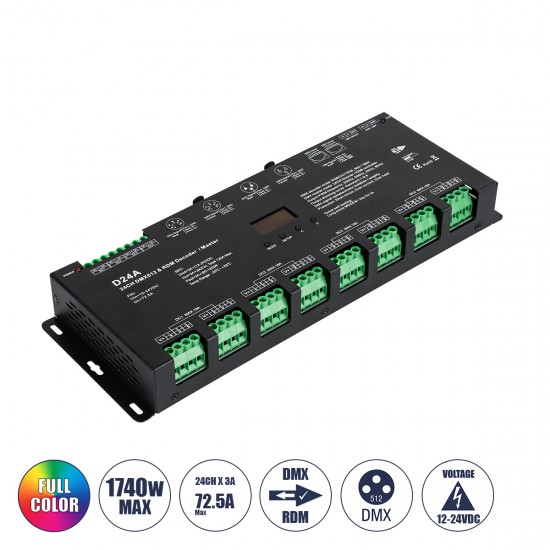 GloboStar® 70673 D24A SKYDANCE DC DMX & RDM Dimmer High Speed Controller / Decoder / Master 24 Καναλιών DC 12-24V 24 x 3A 72W - Max 72.5A 1740W - IP20 DMX512 Μ16.7 x Π5 x Υ2.4cm - 5 Years Warranty