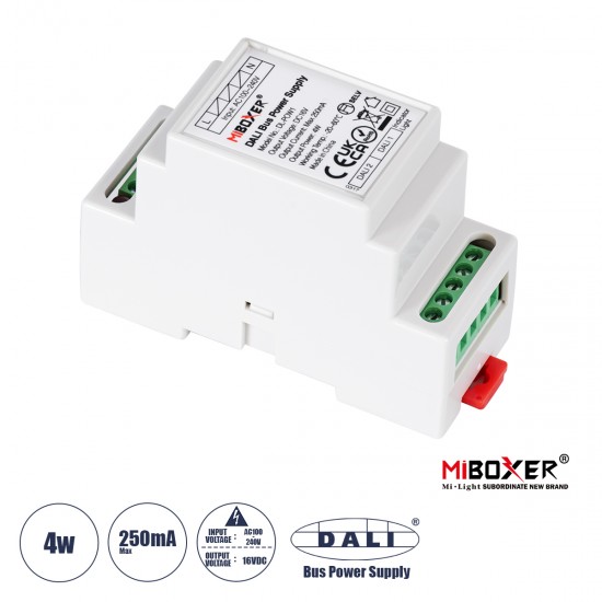 GloboStar® 71420 DL-POW1 Mi-BOXER DC DALI BUS Power Supply Τροφοδοτικό SELV AC 100-240V σε DC 16V 2 Καναλιών DC 16V 2 x 125mA 2W - Max 250mA 4W - IP20 - Din Rail Ράγας - Μ9 x Π3.4 x Υ6cm - 5 Years Warranty