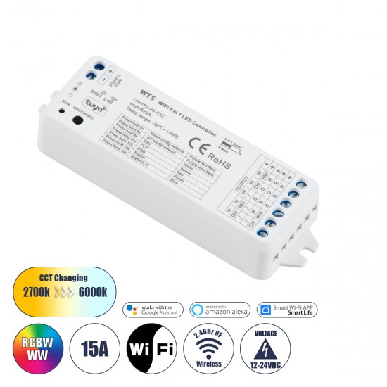 GloboStar® 73010 WT5 SKYDANCE DC WiFi & RF 2.4Ghz Dimmer High Speed Controller 5 Καναλιών DC 12-24V 5 x 3A 72W - Max 15A 360W - IP20 Μ10 x Π4 x Υ2cm - 5 Years Warranty
