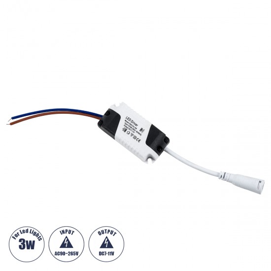 GloboStar® 73075 Πλαστικό Τροφοδοτικό SELV για Προϊόντα LED 3W - AC 220-240V σε DC 7-11V - IP20 L6 x W3 x H2cm - 3 Χρόνια Εγγύηση