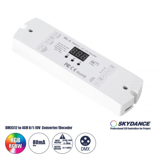 GloboStar® 73140 DL-L SKYDANCE AC DMX512 to 0/1-10V Converter / Decoder 4 Καναλιών - 2 Inputs DC 12-24V ή AC 100-240V - IP20  Μ17 x Π5 x Υ2.5cm - 5 Χρόνια Εγγύηση
