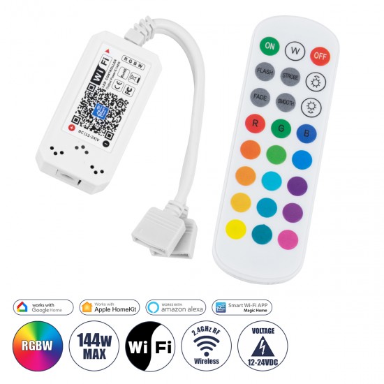 GloboStar® 73404 Ασύρματος Smart Home Wi-Fi LED RGBW Controller με 2 Εξόδους RGBW και Χειριστήριο 2.4Ghz RF DC 12V Max 144W - DC 24V Max 288W