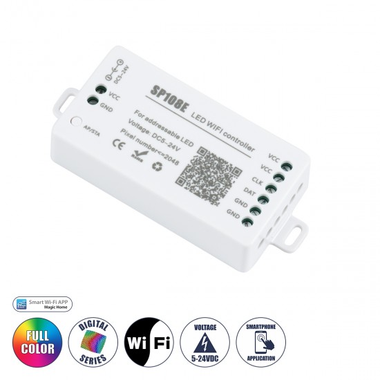 GloboStar® 73409 SP108E Ασύρματος WiFi LED FULL COLOR Magic Digital Pixel Controller iOS/Android για LED Digital Πολύχρωμα και Μονόχρωμα Προϊόντα DC 5-24V 1 x 2048 IC Max