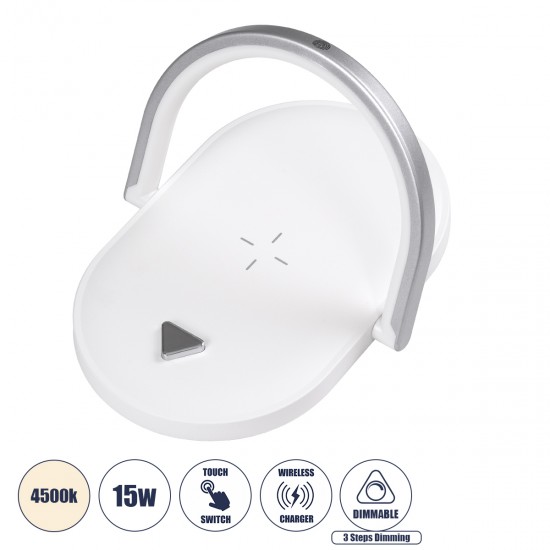 GloboStar® ECLIPSE 76559 Μοντέρνο Επιτραπέζιο Φωτιστικό Πορτατίφ LED 15W 1200lm 180° AC 230V - με Ασύρματη Φόρτιση - Wireless Charger - Διακόπτη Αφής με 3 Εντάσεις Φωτισμού Φυσικό Λευκό 4500K Dimmable - Μ17 x Π13 x Υ10 - Λευκό