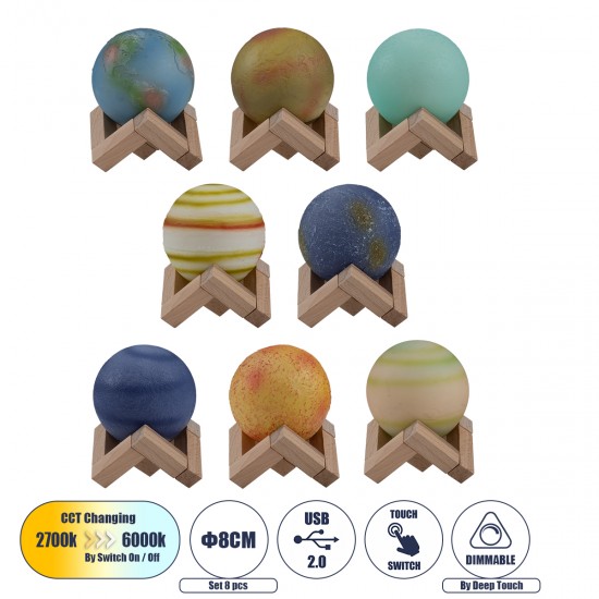 GloboStar® MOON 79609 Σετ 8 Τεμ. Μοντέρνα Επιτραπέζια Φωτιστικα Πορτατίφ LED 2W 120lm 360° DC 5V - Εναλλαγή Φωτισμού μέσω Τηλεχειριστηρίου & Αφής - Dimmable - CCT Θερμό Λευκό 3000K - Ψυχρό Λευκό 6000K  - Φ8 x Υ11 - Πολύχρωμα