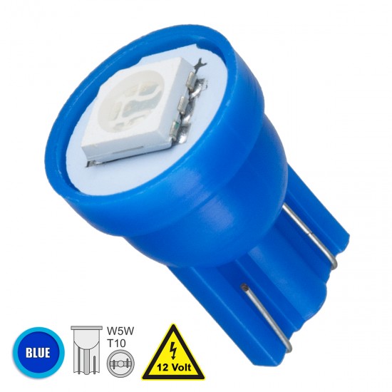 GloboStar® 81047 Λάμπα Αυτοκινήτου LED T10 W5W 1xSMD5050 0.28W 18lm 120° DC 12-16V IP20 Φ1.1 x Υ1.7cm Μπλε
