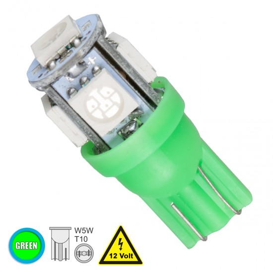 GloboStar® 81052 Λάμπα Αυτοκινήτου LED T10 W5W 5xSMD5050 1.3W 80lm 360° DC 12-16V IP20 Φ1.2 x Υ2.7cm Πράσινο