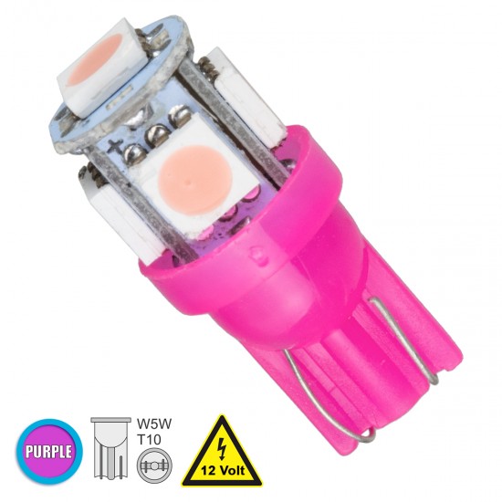 GloboStar® 81055 Λάμπα Αυτοκινήτου LED T10 W5W 5xSMD5050 1.3W 80lm 360° DC 12-16V IP20 Φ1.2 x Υ2.7cm Ροζ