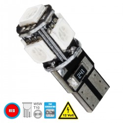GloboStar® 81091 Λάμπα Αυτοκίνητου LED T10 W5W 2rd Generation Can-Bus Series 5xSMD5050 2.30W 240lm 360° DC 12-16V IP20 Φ1.1 x Υ2.7cm Κόκκινο