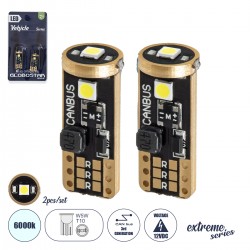 GloboStar® 81115-B Λάμπες Αυτοκινήτου LED T10 W5W 3rd Generation Can-Bus Extreme Series 3xSMD3030 3W 423lm 360° DC 12-16V IP20 Φ1 x Υ2.5cm Ψυχρό Λευκό 6000K - Σετ 2 Τεμαχίων σε Blister