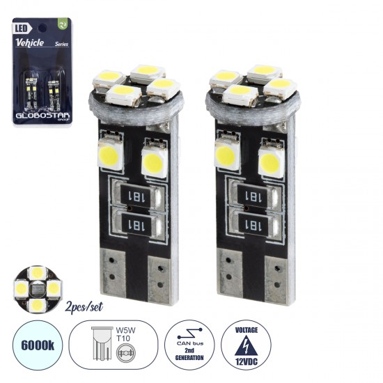 GloboStar® 81119-B Λάμπες Αυτοκινήτου LED T10 W5W 2rd Generation Can-Bus Series 8xSMD1210 2.6W 390lm 360° DC 12-16V IP20 Φ1 x Υ2.6cm Ψυχρό Λευκό 6000K - Σετ 2 Τεμαχίων σε Blister