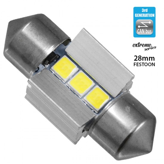 GloboStar® 81336 Λάμπα Αυτοκινήτου 28mm FESTOON - C5W 3rd Generation Can-Bus Extreme Series LED 3 SMD 3030 3W 450lm 120° DC 12V IP20 Ψυχρό Λευκό 6000K