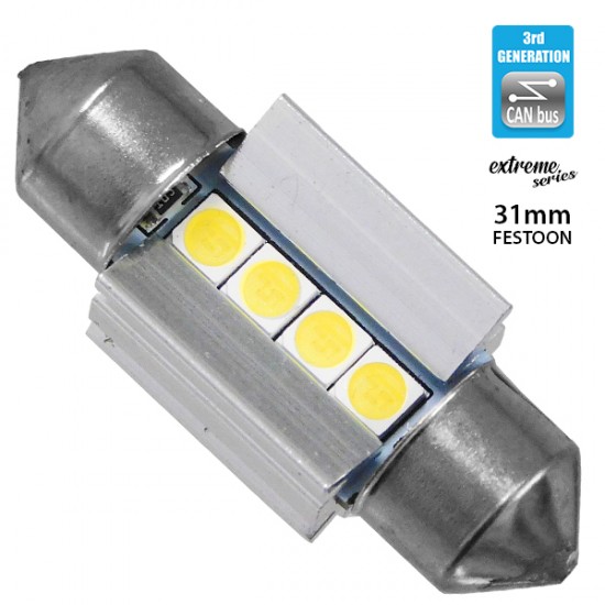 GloboStar® 81337 Λάμπα Αυτοκινήτου 31mm FESTOON - C5W 3rd Generation Can-Bus Extreme Series LED 4 SMD 3030 4W 600lm 120° DC 12V IP20 Ψυχρό Λευκό 6000K