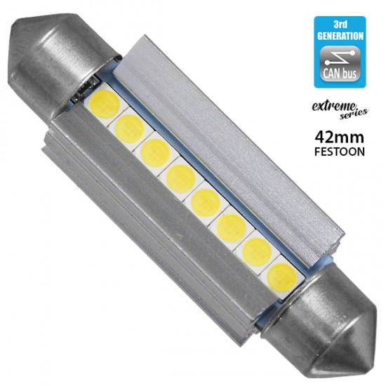 GloboStar® 81340 Λάμπα Αυτοκινήτου 42mm FESTOON - C5W 3rd Generation Can-Bus Extreme Series LED 8 SMD 3030 8W 1200lm 120° DC 12V IP20 Ψυχρό Λευκό 6000K