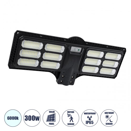 GloboStar® STREETO 85349 Professional LED Solar Street Light Αυτόνομο Ηλιακό Φωτιστικό Δρόμου 300W 2000lm 600 x LED SMD 5730 με Ενσωματωμένο Φωτοβολταϊκό Panel 6V 20W & Επαναφορτιζόμενη Μπαταρία Li-ion 3.2V 20000mAh με Αισθητήρα Ημέρας-Νύχτας & PI