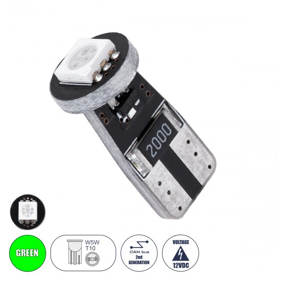 GloboStar® 81083 Λάμπα Αυτοκίνητου LED T10 W5W 2rd Generation Can-Bus Series 1xSMD5050 1.5W 120lm 120° DC 12-16V IP20 Φ1 x H2.2cm Πράσινο
