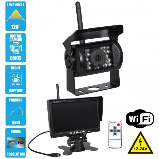 GloboStar® 86030 WiFi Έγχρωμη Κάμερα 720p CMOS HD Οπισθοπορείας Αυτοκινήτου-Φορτηγού DC 12-24V 120° με Οθόνη 7" DC 12-24V Night Capture με Parking Lines και Ασύρματο Χειριστήριο Αδιάβροχη IP65