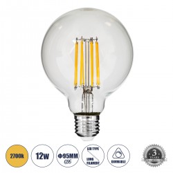 GloboStar® 99011 Λάμπα LED Long Filament E27 G95 Γλόμπος 12W 1200lm 360° AC 220-240V IP20 Φ9.5 x Υ13.5cm Θερμό Λευκό 2700K με Διάφανο Γυαλί - Dimmable - 3 Years Warranty