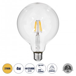 GloboStar® 99012 Λάμπα LED Long Filament E27 G125 Γλόμπος 4W 400lm 360° AC 220-240V IP20 Φ12.5 x Υ18cm Θερμό Λευκό 2700K με Διάφανο Γυαλί - Dimmable - 3 Years Warranty