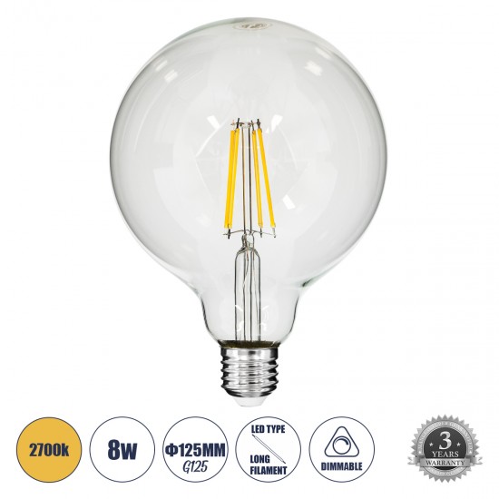 GloboStar® 99013 Λάμπα LED Long Filament E27 G125 Γλόμπος 8W 800lm 360° AC 220-240V IP20 Φ12.5 x Υ18cm Θερμό Λευκό 2700K με Διάφανο Γυαλί - Dimmable - 3 Years Warranty
