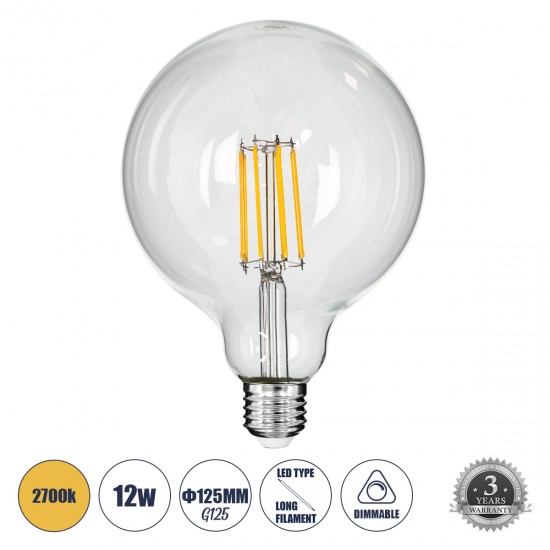 GloboStar® 99014 Λάμπα LED Long Filament E27 G125 Γλόμπος 12W 1200lm 360° AC 220-240V IP20 Φ12.5 x Υ18cm Θερμό Λευκό 2700K με Διάφανο Γυαλί - Dimmable - 3 Years Warranty
