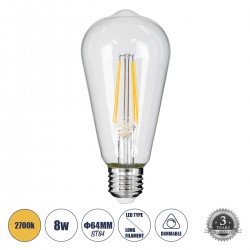 GloboStar® 99016 Λάμπα LED Long Filament E27 ST64 Αχλάδι 8W 800lm 360° AC 220-240V IP20 Φ6.4 x Υ14cm Θερμό Λευκό 2700K με Διάφανο Γυαλί - Dimmable - 3 Years Warranty