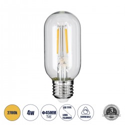 GloboStar® 99018 Λάμπα LED Long Filament E27 T45 Σωλήνας 4W 400lm 360° AC 220-240V IP20 Φ4.5 x Υ11cm Θερμό Λευκό 2700K με Διάφανο Γυαλί - Dimmable - 3 Years Warranty