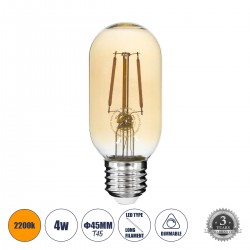 GloboStar® 99048 Λάμπα LED Long Filament E27 T45 Σωλήνας 4W 350lm 360° AC 220-240V IP20 Φ4.5 x Υ11cm Ultra Θερμό Λευκό 2200K με Μελί Γυαλί - Dimmable - 3 Years Warranty