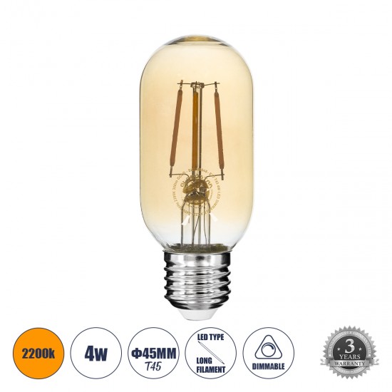GloboStar® 99048 Λάμπα LED Long Filament E27 T45 Σωλήνας 4W 350lm 360° AC 220-240V IP20 Φ4.5 x Υ11cm Ultra Θερμό Λευκό 2200K με Μελί Γυαλί - Dimmable - 3 Years Warranty
