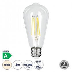 GloboStar® 99094 Λάμπα LED Long Filament E27 ST64 Αχλάδι 4W 840lm 360° AC 220-240V IP20 Φ6.4 x Υ14.5cm Φυσικό Λευκό 4000K με Διάφανο Γυαλί - Pro Series 210lm/W - A Ενεργειακή Κλάση - 3 Χρόνια Εγγύηση