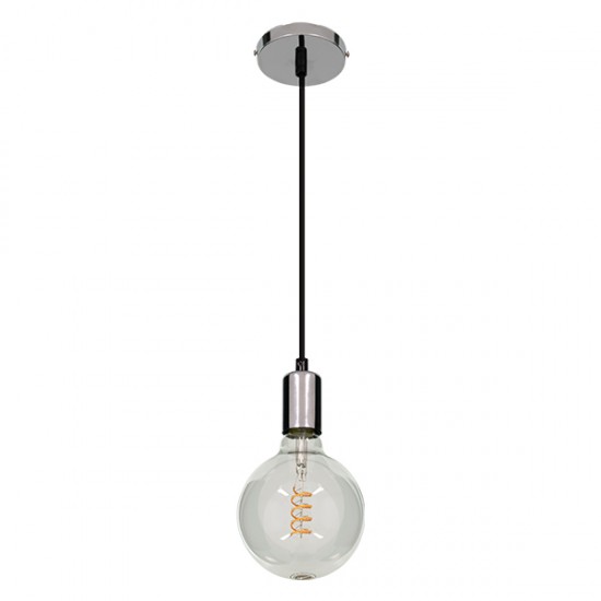 GloboStar® DOUITO 99423 Μοντέρνο Κρεμαστό Φωτιστικό Οροφής Ανάρτηση Μονόφωτο 1 x E27 AC220-240V με 1m Καλώδιο - Φ4 x Υ110cm - Χρώμιο Νίκελ - 5 Years Warranty